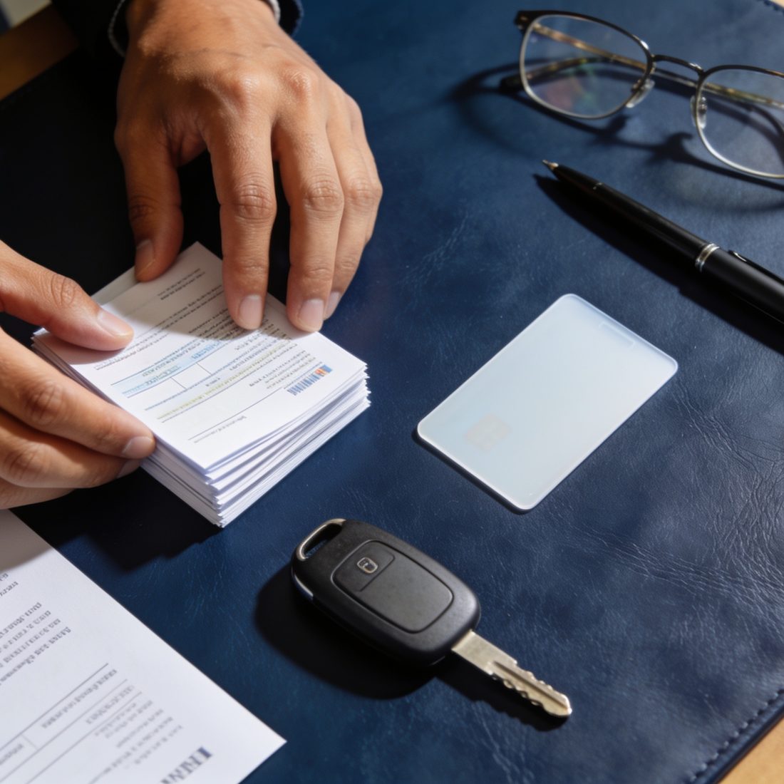 Tarjeta de propiedad, documento de identidad y llave del vehículo listos para la evaluación